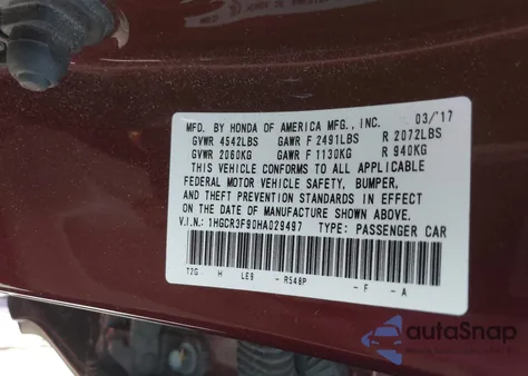2017 Honda Accord Touring V6 from USA, damaged, VIN 1HGCR3F90HA029497